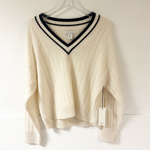 Rachel Zoe V Neck Varsity Cream 100% Cashmere Oversized Long Sleeve Sweater M - Picture 1 of 6